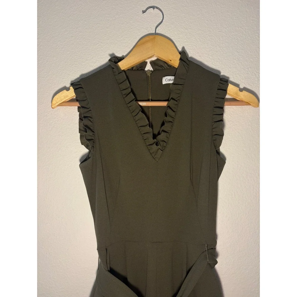 Calvin Klein Womens Ruffle V-Neck Wide Leg Jumpsuit Olive Green Size 2 Belted - Picture 2 of 9